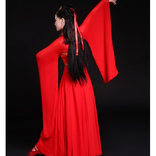 Women's girls hanfu red chinese folk dance costumes ancient traditional fan umbrella fairy princess drama photos cosplay dress 
